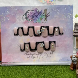 Black French Tip & Star Charm Press-On Nail Set – Short Duckies Shape