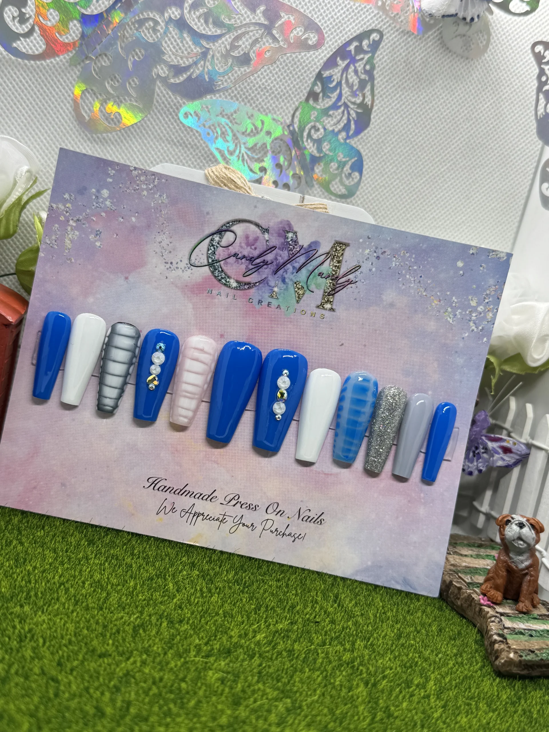 Blue, White & Silver Snake Print Design – Medium Long Coffin Press-On Nail Set #24 Price 25.00 Blue, White & Silver Snake Print Design – Medium Long Coffin Press-On Nail Set