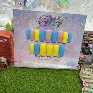 Blue & Yellow Press-On Nail Set with Charms – Medium Square Shape Set