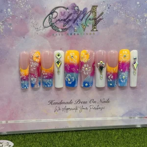 Colorful Ombre w/ Hibiscus & Rhinestones Press-On Nail Set – Medium/Long Press On Set