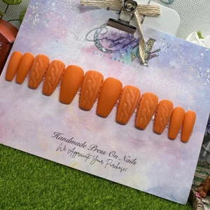Fall Orange Sweater Nail Design – Medium Coffin Press-On Nail Set