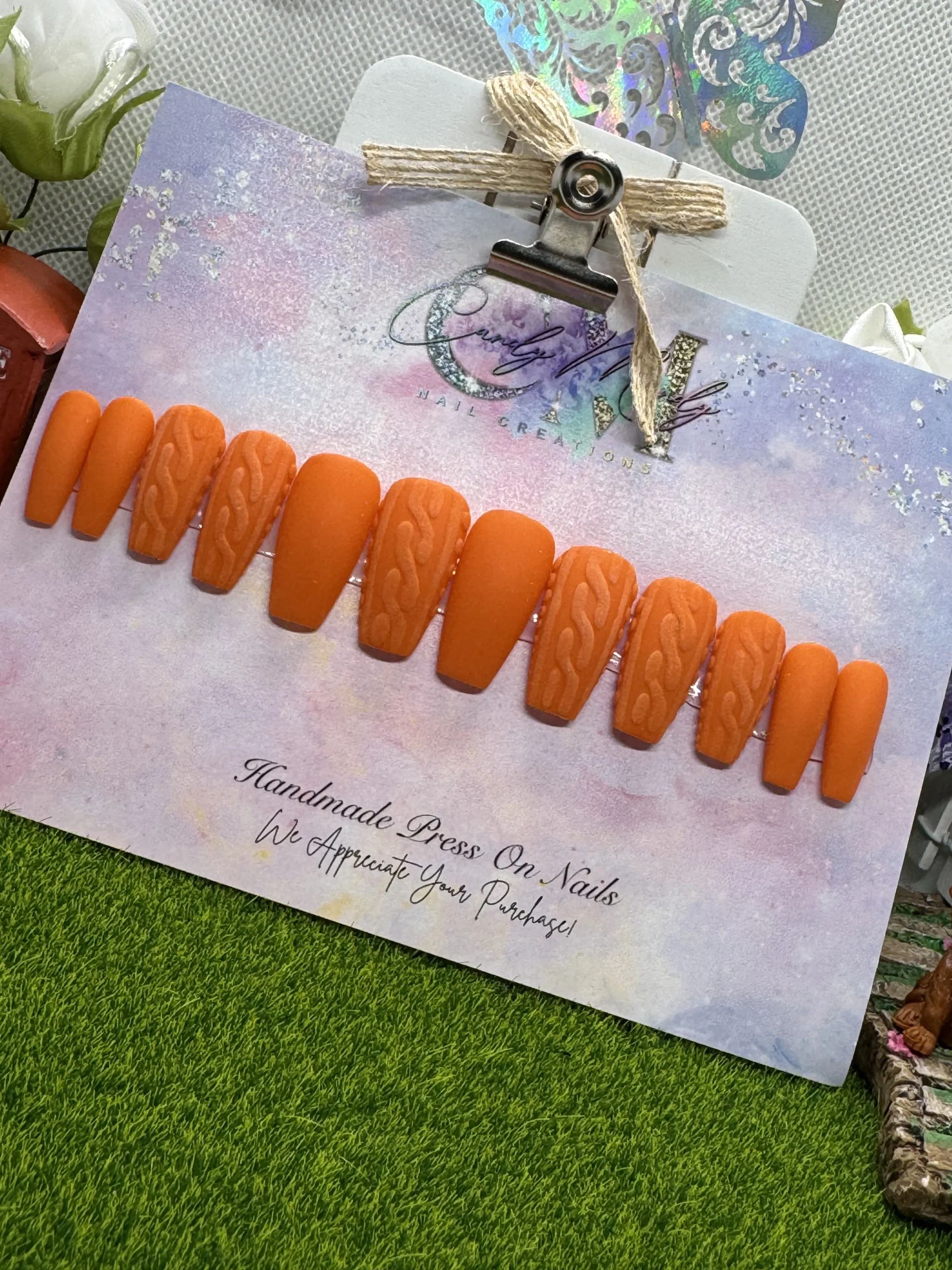 Fall Orange Sweater Nail Design – Medium Coffin Press-On Nail Set 13 price 20.00 Fall Orange Sweater Nail Design – Medium Coffin Press-On Nail Set