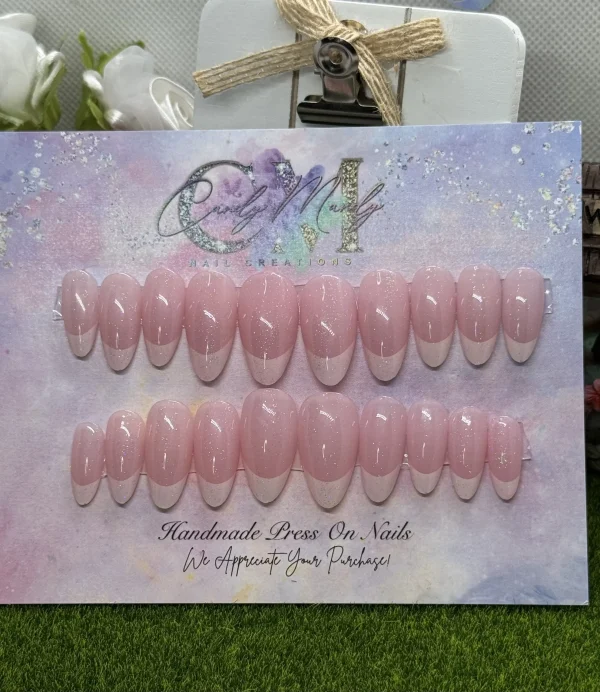French Pink Nude Glitter – Almond Press On Nail Set 7 Price 15.00 Scaled 600x692