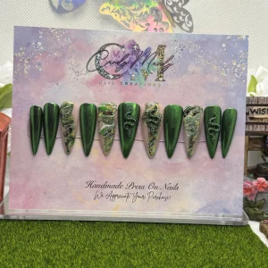 Green Chrome, Black & Gold Marble with Snake Charm – Medium Stiletto Press-On Nail Set