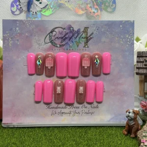 Hot Pink Glitter with Candy Charms & Rhinestones – Medium Square Press-On Nail