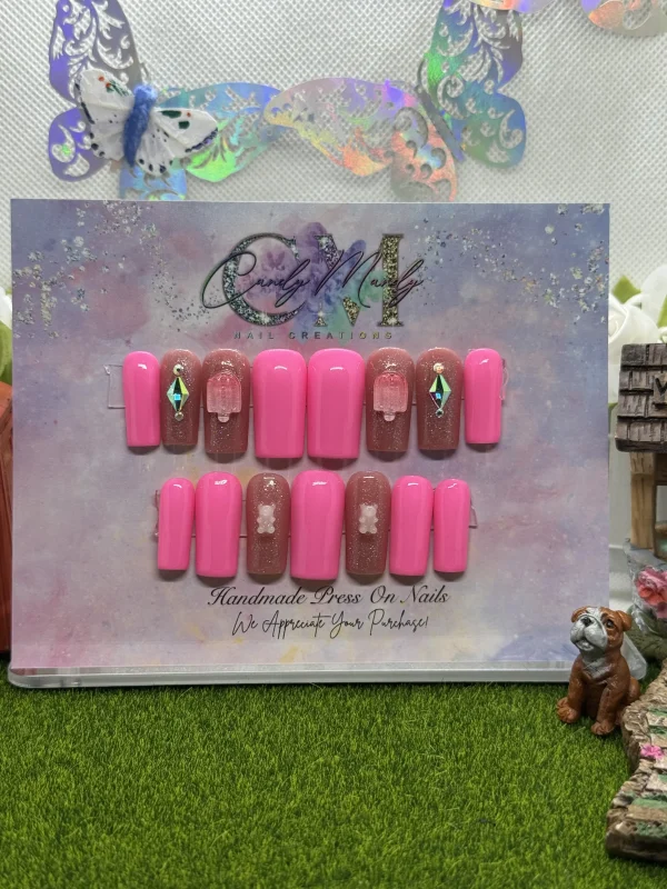 Hot Pink Glitter With Candy Charms Rhinestones – Medium Square Press On Nail Set 6 Price 15.00 600x800