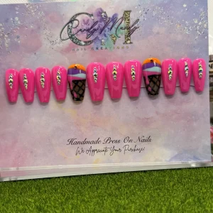 Hot Pink Press-On Nail Set – Medium Coffin with Ice Cream Art & Rhinestones Set