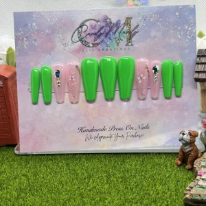 Lime Green w/ Stones Press-On Nail Set – Coffin Shape (Small/Medium Length)