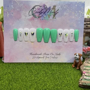 Milky White Glitter & Teal Press-On Nail Set with Butterfly Stones – Medium Coffin Shape