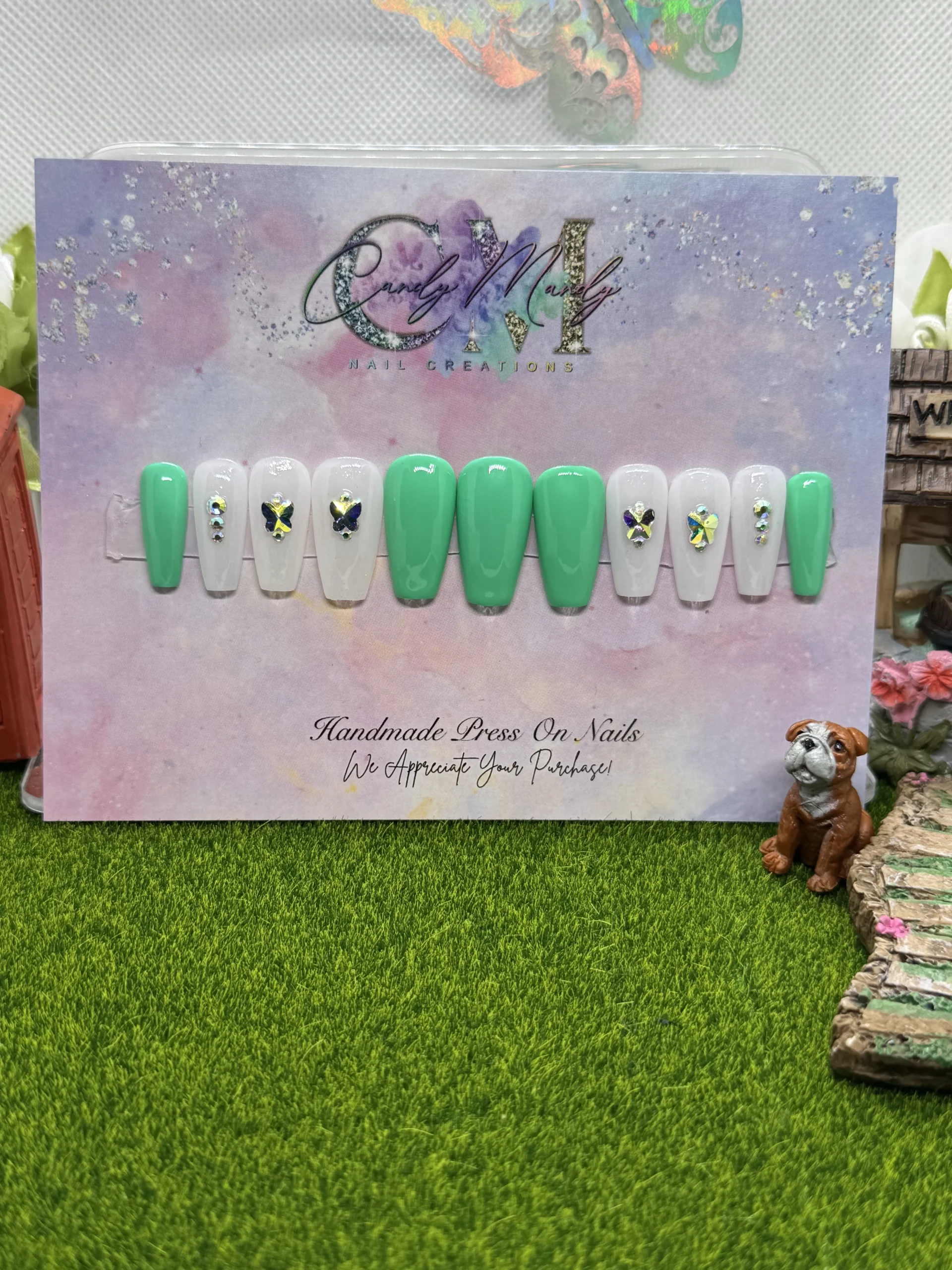 Milky White Glitter & Teal Press-On Nail Set with Butterfly Stones – Medium Coffin Shape