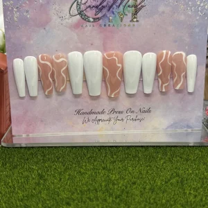 Nude & White Swirl Press-On Nail Set – Long Coffin Shape Set