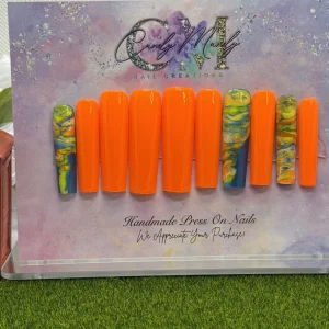 Orange & Blue Marble Press-On Nail Set – XXL Long Set