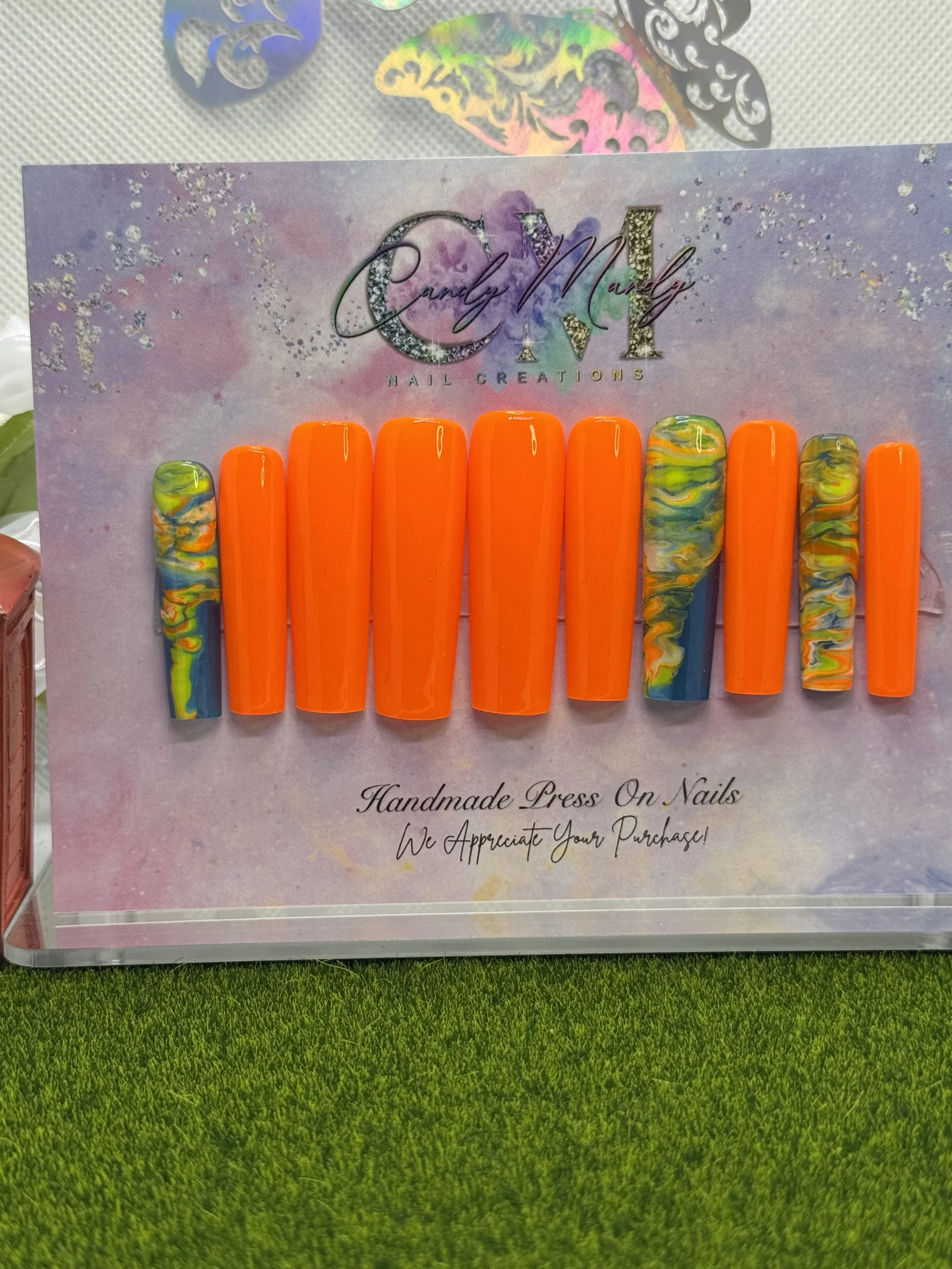 Orange & Blue Marble Press-On Nail Set – XXL Long Set