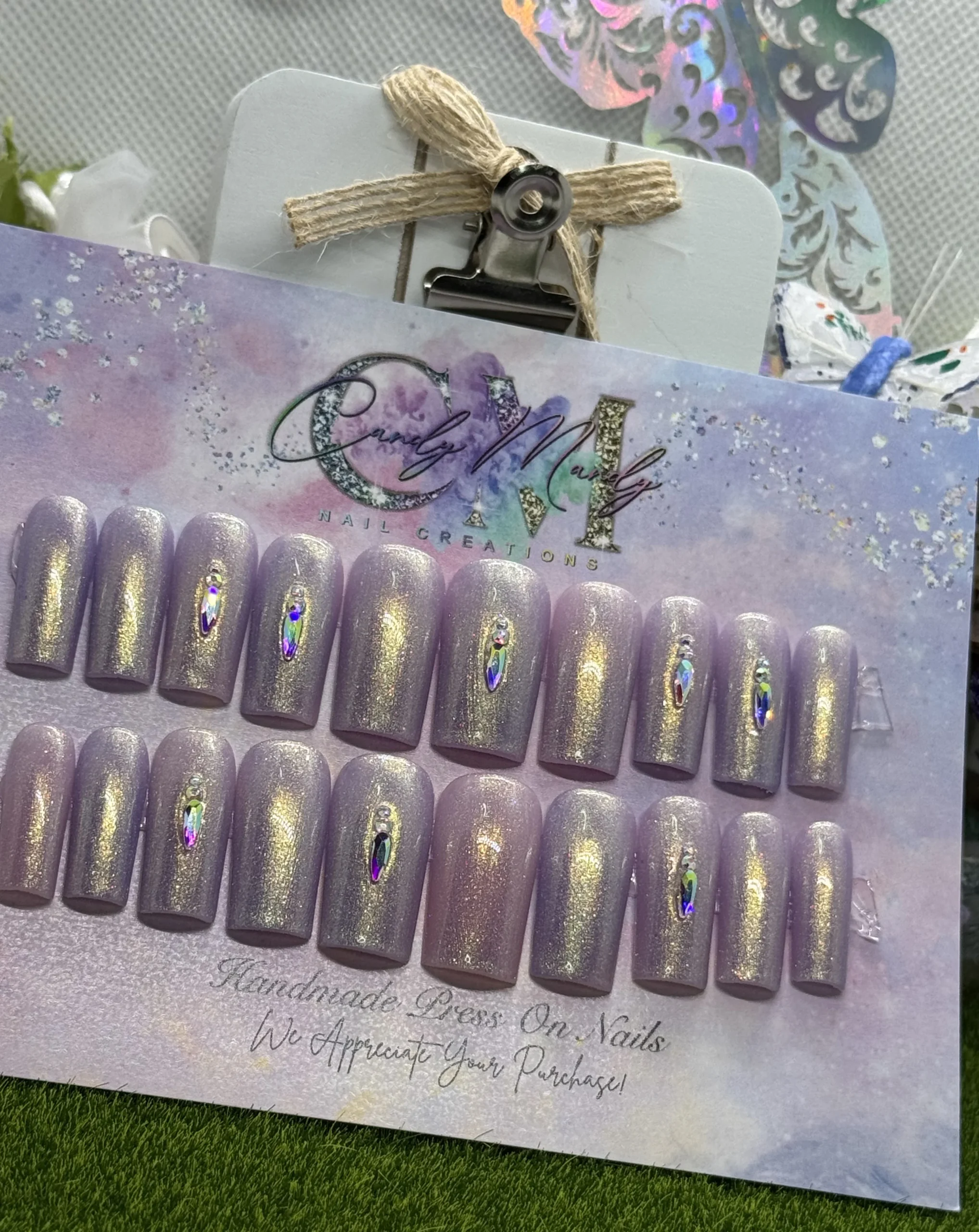 Purple Metallic with Rhinestone – Medium Square Press-On Nail Set