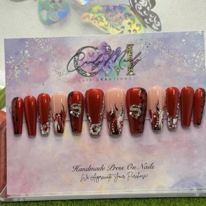 Red & 90s Nail Art Design with Dragon Charms – Long Coffin Press-On Nail Set