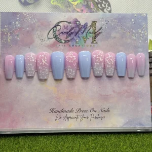 Sky Blue Ombre Press-On Nail Set w/ Hand-Painted Hibiscus – Medium Coffin Shape Set
