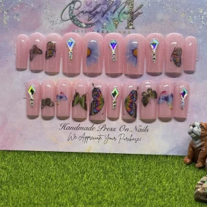 Square Butterfly w/ Rhinestones – Medium Square Press-On Nail Set