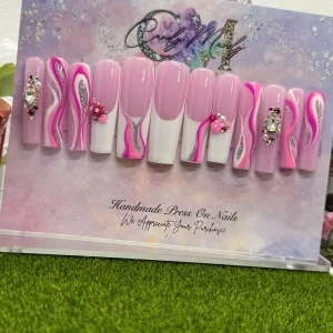 White French w/ Pink Swirls & Glitter Press-On Nail Set – XXL Long Shape Set
