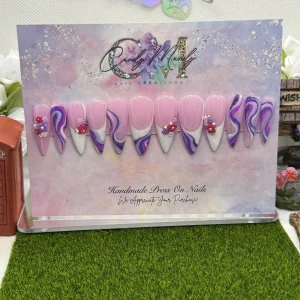 White French w/ Purple Swirls & Glitter Press-On Nail Set – Medium Stiletto Shape