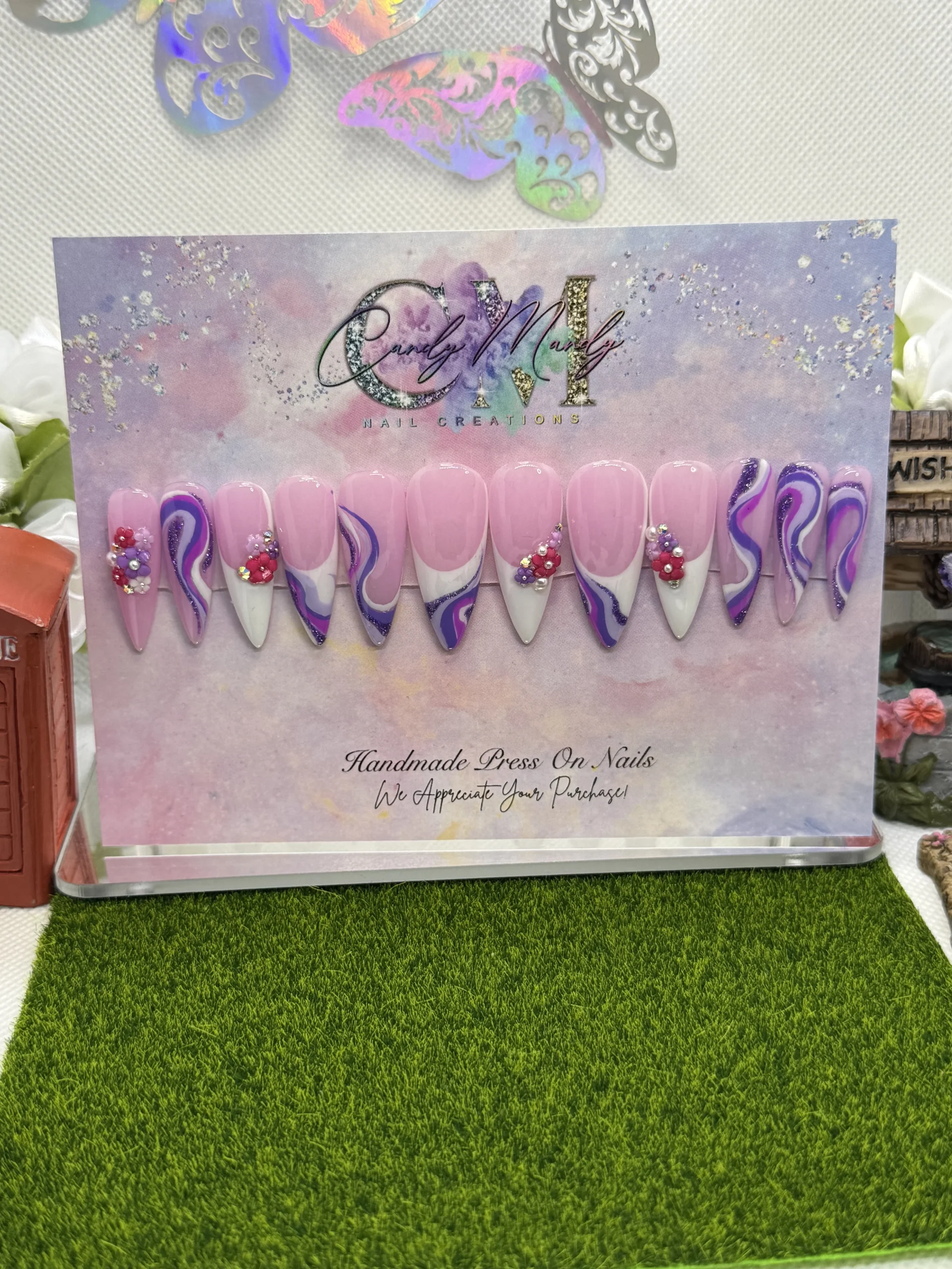 White French w/ Purple Swirls & Glitter Press-On Nail Set – Medium Stiletto Shape