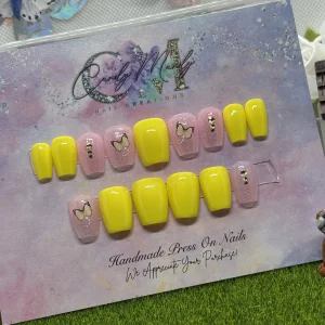Yellow Butterfly & Pink Glitter Press-On Nail Set with Rhinestones – Short Coffin Shape set