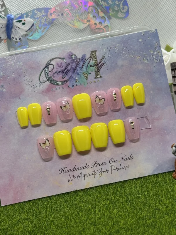 Yellow Butterfly Pink Glitter Press On Nail Set With Rhinestones – Short Coffin Shape Set 4 Price 10.00 600x800